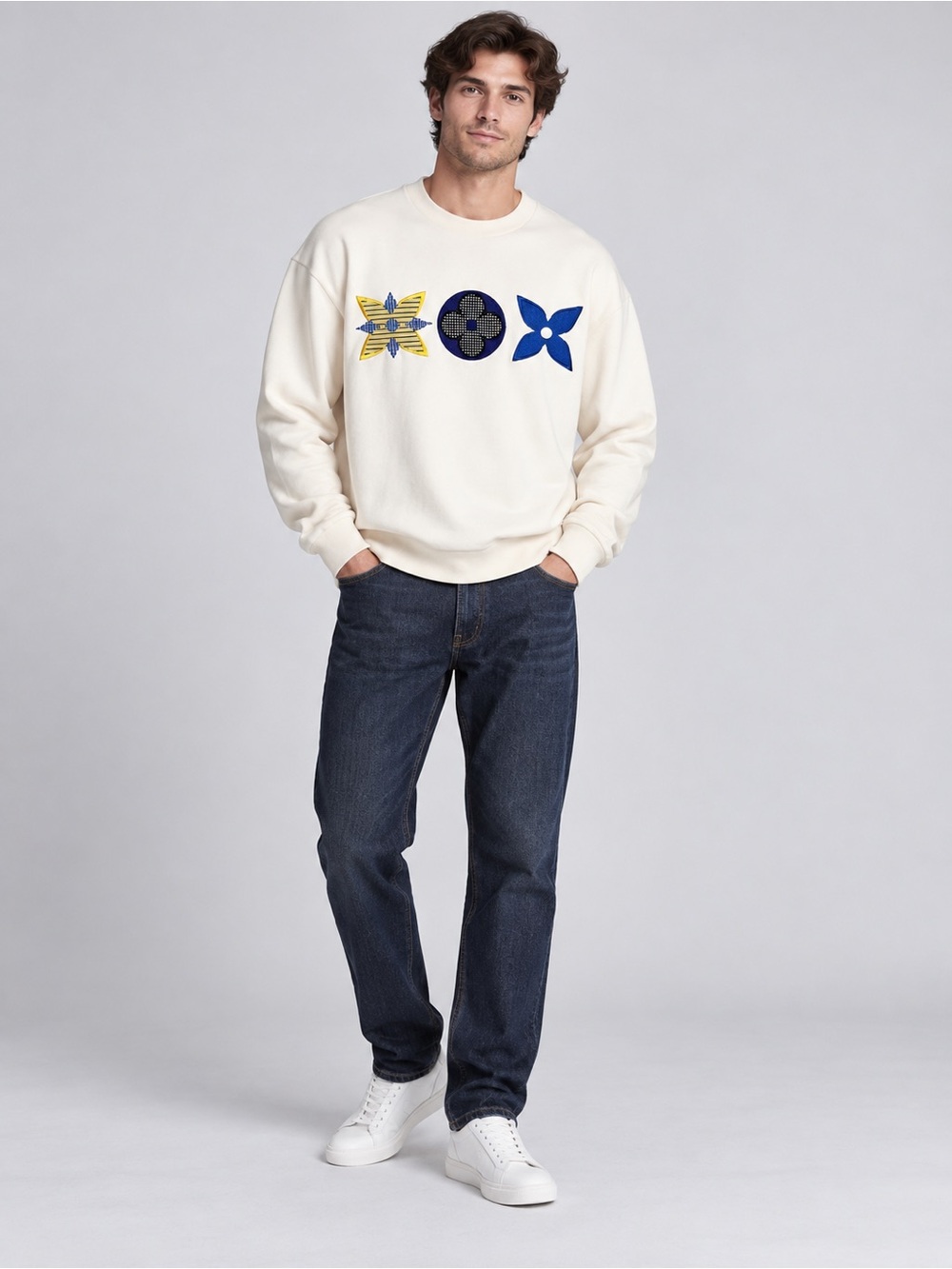 Louis Vuitton Sweatshirt Sweater Men’s XL Ivory Embroidered Logo Fleece